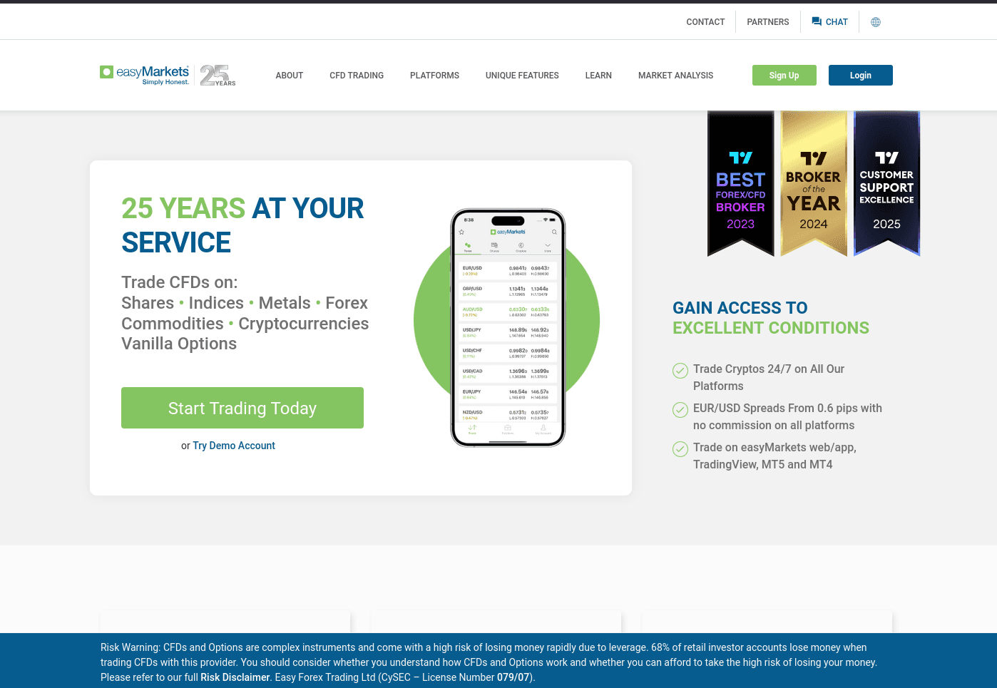 easyMarkets homepage showing the trading platform's mobile widget and current award recognitions