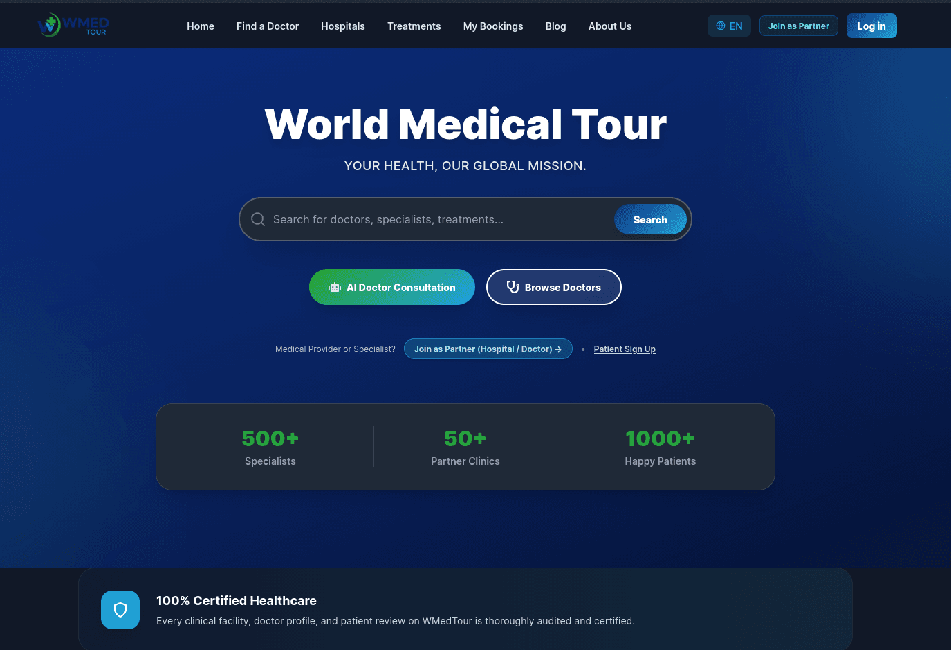 wmedtour.com homepage after the rebuild, showing doctor/hospital search and AI consultation entry points